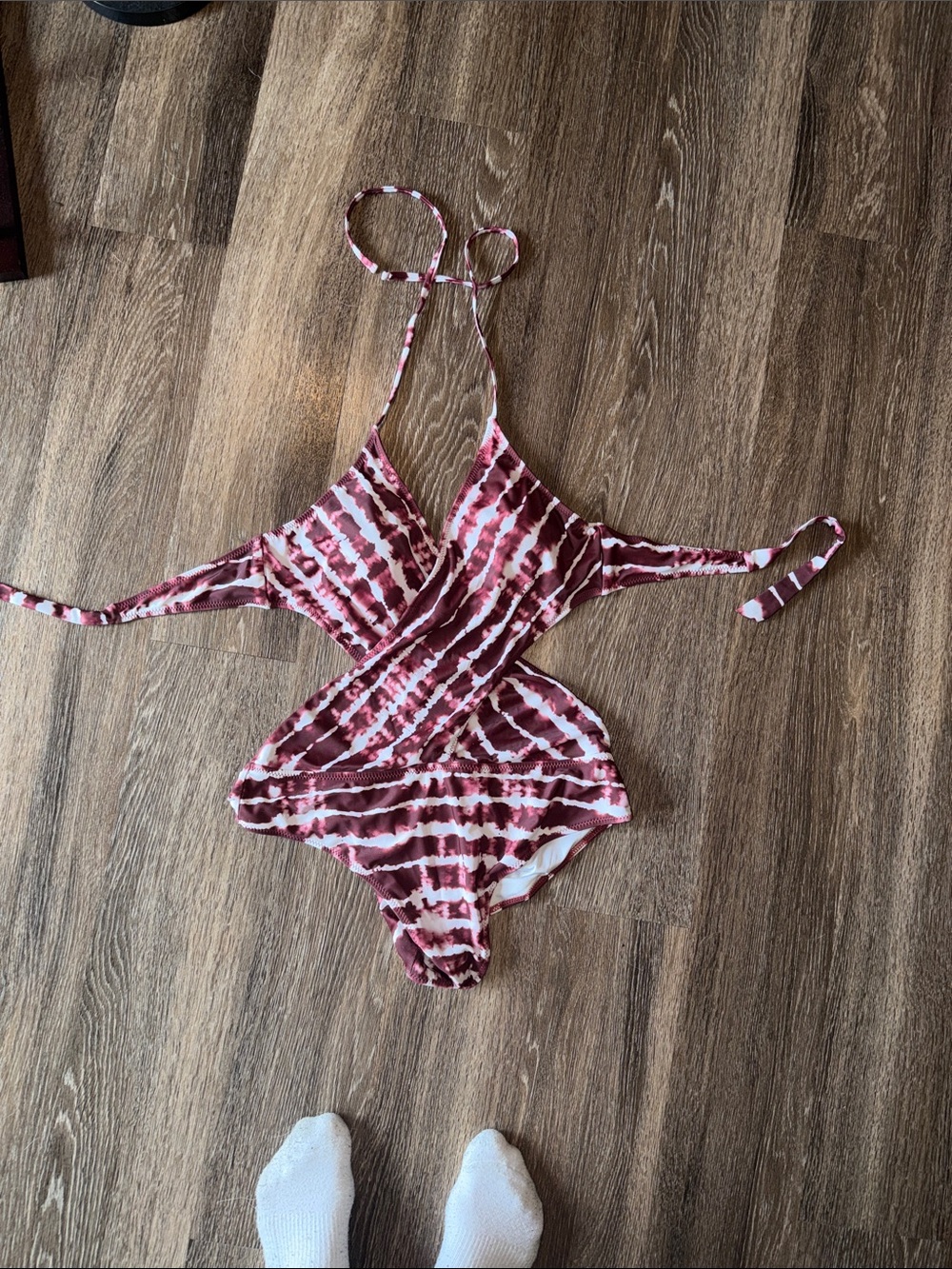 Tie-Dye One-Piece Swimsuit in White and Burgundy